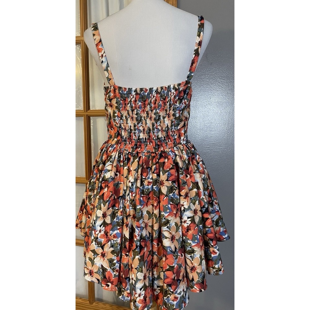 Babydoll Floral Mini Sundress Sz L Sweetheart Neck Smocked From Tie Orange City - Picture 4 of 15